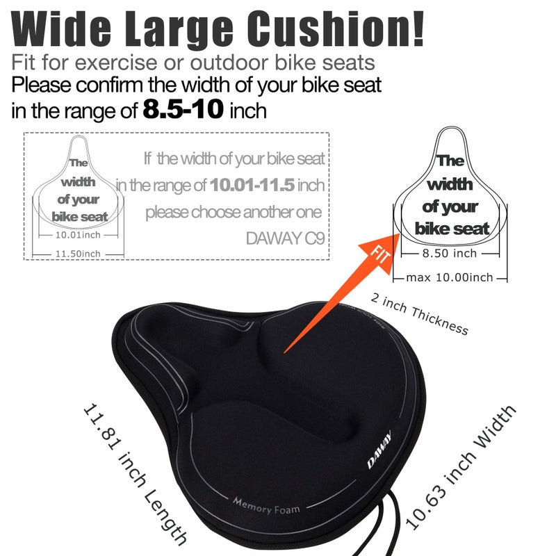 DAWAY Memory Foam Bike Seat Cover - C6M Extra Soft Pad Most Comfortable Big Exercise Bicycle Saddle Cushion for Women Men, Fit for Peloton, Stationary, Indoor Bikes, Mountain, Road Bycicle - Image 2